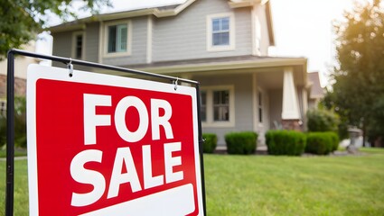 Fototapeta premium A classic suburban home with a vibrant for sale sign in front