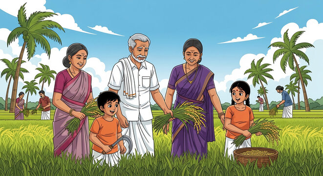Indian Village Harvest Scene with Family in Paddy Field 