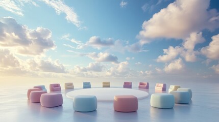 A serene outdoor circular gathering space features a low white platform surrounded by an array of pastel-colored poufs under a beautiful sky.