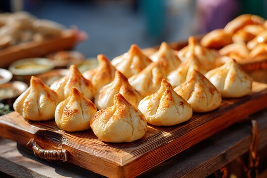 Freshly baked mini Gulf-style fatayer pastries arranged on wooden tray with golden crust close-up