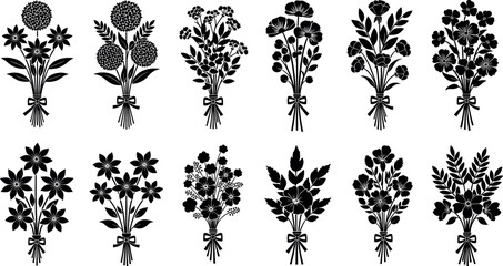 Floral bouquet silhouette icons set, black flower bunch vector illustration with ribbons, botanical nature elements for wedding invitation greeting cards. © Zakir