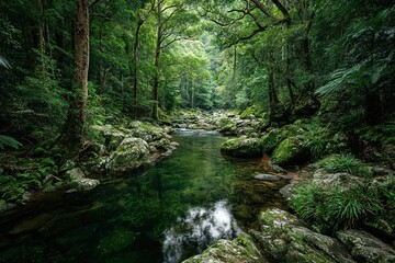 Obraz premium tranquil river winding through lush green forest