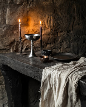 Medieval silver chalice and pewter plate on dark oak table with linen cloth