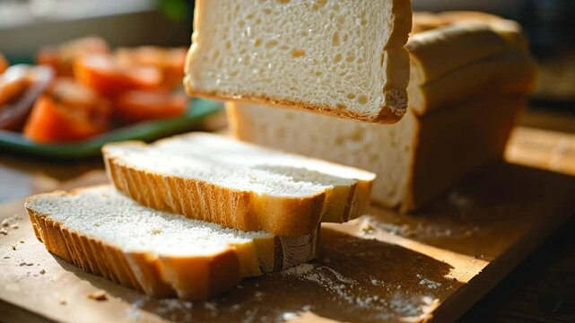 Sliced white bread on wooden board with sunlight.
