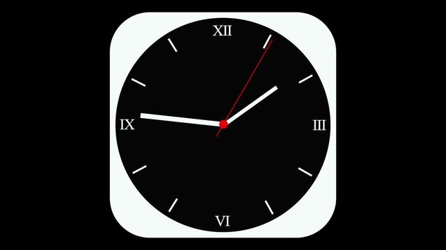 Minimalist animated Black Clock Face with Roman Numerals and Red Second Hand time watch, Minimalist animated black Clock Face with white Hands on a Dark Background animation.