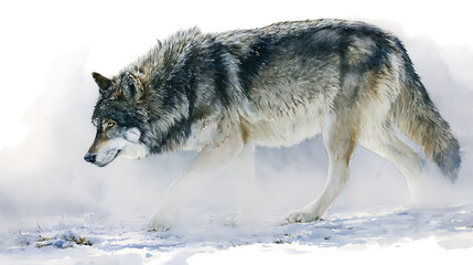 Obraz premium Gray wolf walking through snow isolated on a transparent background winter animal