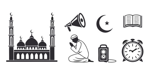 A serene scene of a mosque with a crescent moon and star, prayer symbols, and a clock. Vector © Mithu