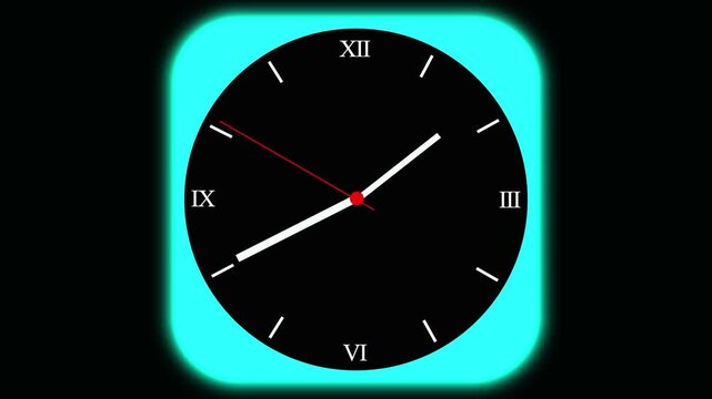 Animated Black Clock Face with Roman Numerals and Glowing Cyan Border time, Minimalist glowing clock face showing time passing on a clean cyan background, black clock on cyan background.