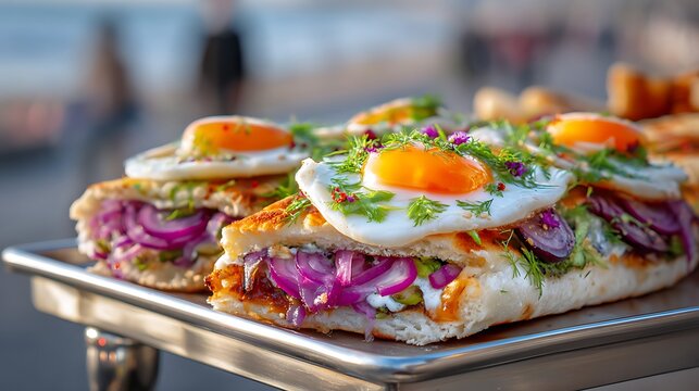 Gourmet sabich pita with eggplant, fried eggs herbs purple onion closeup food photography bright fresh delicious