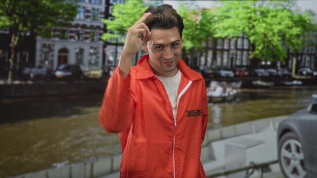 Man prisoner in orange jumpsuit points finger toward camera with slight smile, inmate number visible near canal street; defiance.