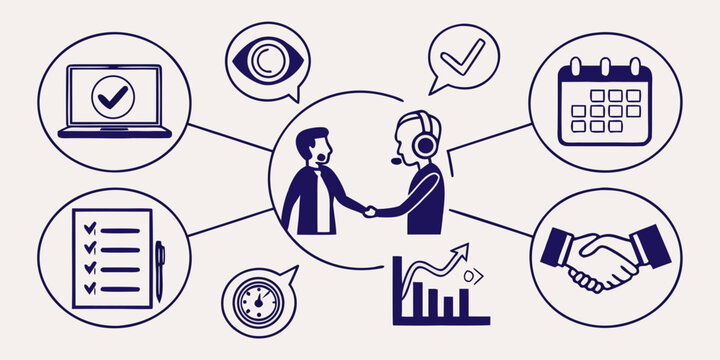 Professional illustrating the interconnected aspects of business management and operations. Vector