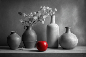 jeden czerwony element, czarno biale