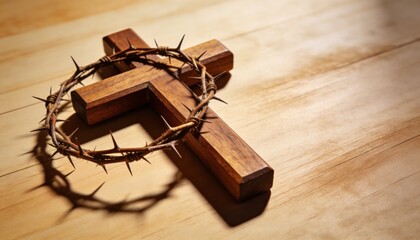Wooden Cross with Crown of Thorns Symbolizing Good Friday