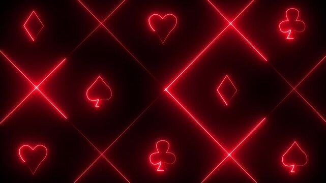 Neon red playing card suits and intersecting lines on a dark background hearts diamonds