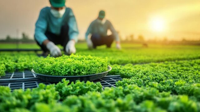 Harmony of Cultivation: Two figures diligently tending to a lush, thriving field of vibrant greenery under the warm embrace of the sun.