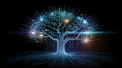 Glowing digital tree with circuit connections on black background artwork.