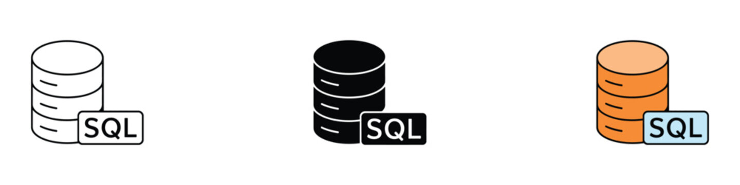 SQL database server icon set. Relational database management system symbol for data storage, programming, and software development design. Vector Illustration.