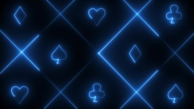 Neon blue playing card suits and intersecting lines on a dark background hearts diamonds