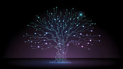 Artificial intelligence: Glowing digital tree with circuit board pattern on dark background