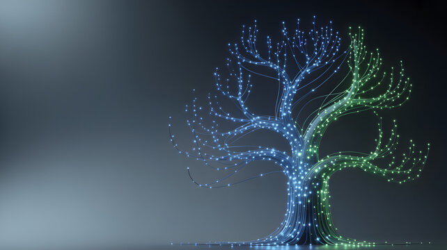 Glowing blue and green light tree on dark gradient background