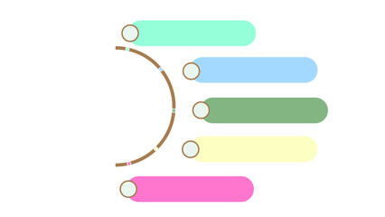 Obraz premium Flowchart diagram with a central wooden-colored semi-circle and five colorful rounded tabs, useful for process visualization and steps