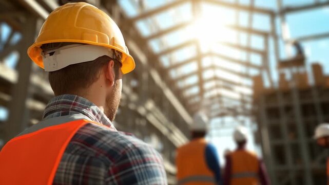 Building Inspector: Focused on structural integrity, a construction worker in a safety vest and hard hat surveys the building site, symbolizing construction, industry, and the pursuit of progress.