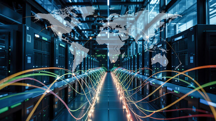 Server corridor with illuminated world map overlay and glowing data connections, Global cloud computing, internet infrastructure, cybersecurity and digital network technology concept.