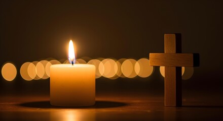Lit Candle Beside Wooden Cross for Good Friday Remembrance