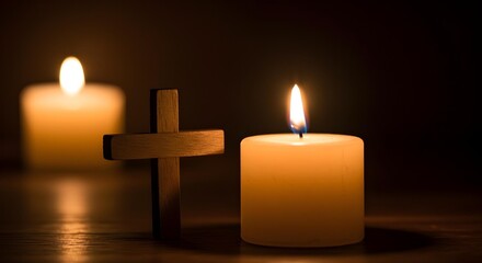 Lit Candle Beside Wooden Cross for Good Friday Remembrance