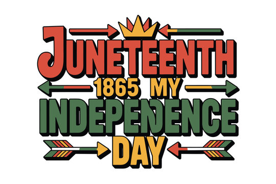 Juneteenth independence day illustration with colorful text and arrows