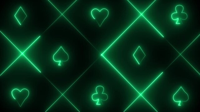 Neon green playing card suits and intersecting lines on a dark background hearts diamonds