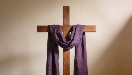 Wooden Cross Draped with Purple Cloth for Good Friday and Lent