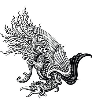 Intricate Black and White Illustration of a Mythical Bird.