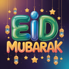 Festive Balloon-Style Eid Mubarak Greeting with Green and Yellow Letters, Hanging Lanterns and Golden Stars on Dark Blue Background