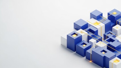 Fototapeta premium Dynamic abstract 3D background featuring geometric blue and white cubes connected by glowing lines, representing digital innovation, data architecture, and technological advancements