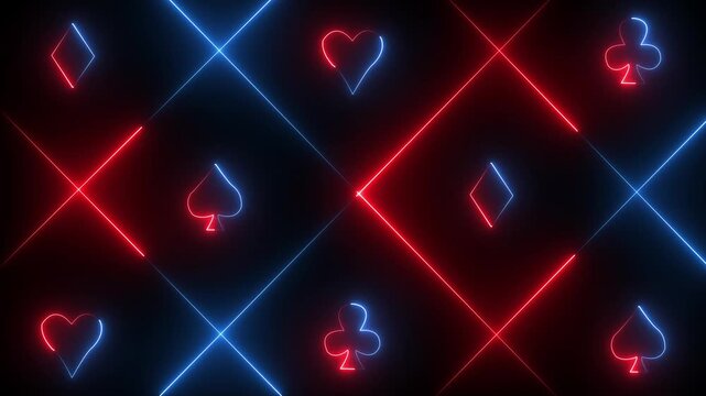 Neon blue and red playing card suits and intersecting lines on a dark background hearts diamonds