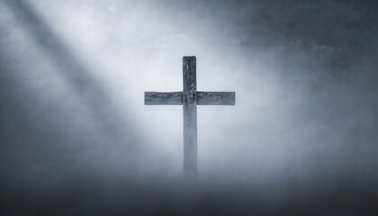 Wooden Cross Emerging Through Light Fog for Good Friday Remembrance