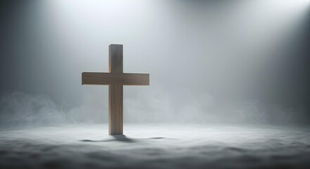 Wooden Cross Emerging Through Light Fog for Good Friday Remembrance