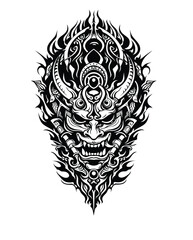 Fototapeta premium Intricate Japanese Oni Mask Tattoo Design with Fiery Accents.