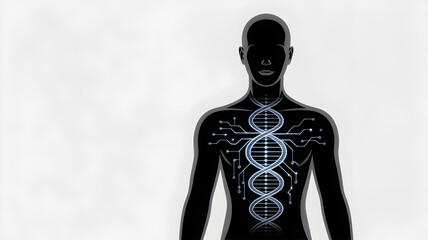 Artificial Intelligence human with DNA and circuit board design illustration.