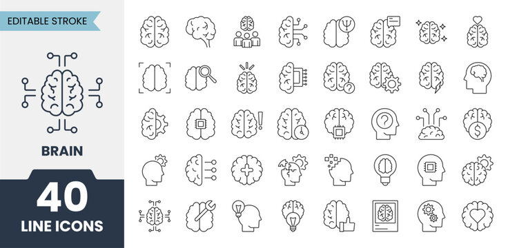 Brain line icons set with editable stroke. Containing thinking, intelligence, mind, brainstorming, neurons and more. Vector illustration