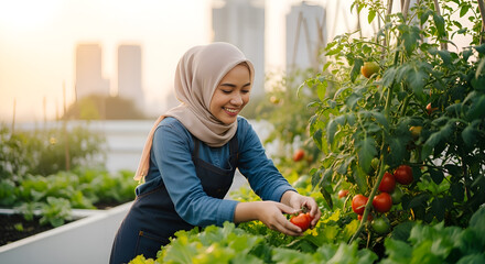 Sustainable Urban Farming &mdash; Muslim Woman Picking Fresh Vegetables