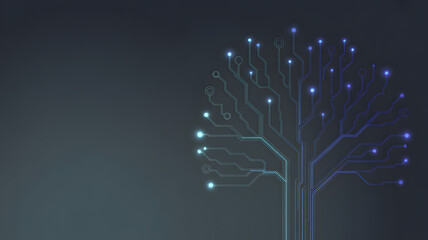 Abstract technology tree with glowing connections on a dark background.