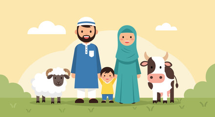 Naklejka premium This heartwarming flat design illustration portrays a cheerful Muslim family with their sacrificial animals, embodying the joy and spiritual significance of Eid al-Adha