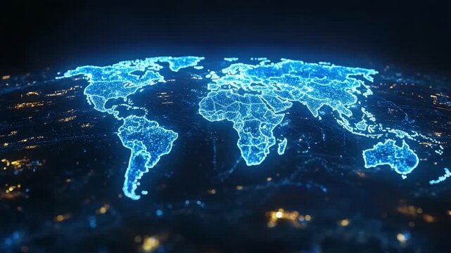 Global Digital Landscape: A vibrant representation of the world map illuminated with glowing digital light, illustrating interconnectedness. 