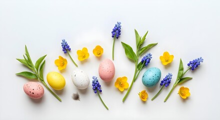 Pastel Spring Flowers with Easter Eggs Isolated on White