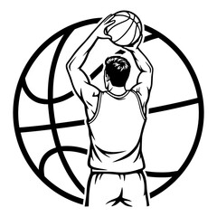 Basketball Player Shooting Hoops Silhouette With Large Ball Background, Athletic Male Character Playing Sports Game Vector Graphic Illustration, Professional Basketball Art © VisuaLabArt