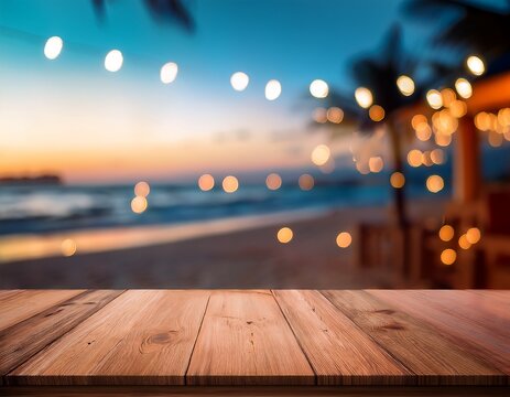 empty wooden table with blurred beach cafe background bokeh lights and coastal vibes ideal for designing tranquil scenes empty table with copy space for product presentation mockup