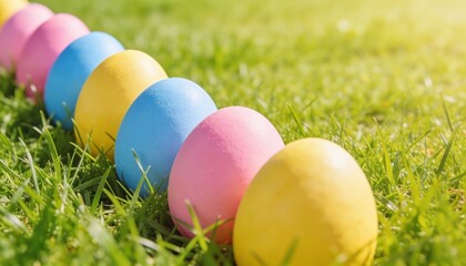 Fresh Green Grass with Easter Eggs and Copy Space