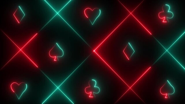 Neon red and green playing card suits and intersecting lines on a dark background hearts diamonds
